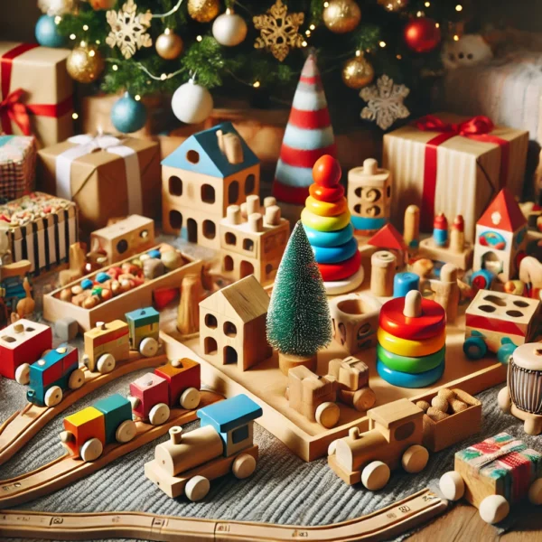 A festive holiday setting featuring a variety of colorful educational Montessori toys arranged under a Christmas tree. The toys include wooden blocks, perfect holiday gifts for your niece or nephew, along with puzzles and train sets. These Montessori-inspired toys promote creativity and learning, making them ideal for the holiday season