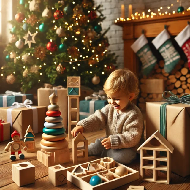 A cozy Christmas scene featuring a child playing with Montessori toys for Christmas, including wooden stacking blocks, shape sorters, and puzzles, under a beautifully decorated Christmas tree with wrapped gifts. The warm holiday atmosphere emphasizes the importance of Montessori toys as ideal Christmas presents for child development.