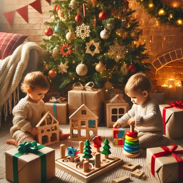 A cozy Christmas setting with toddlers playing with educational toys such as wooden puzzles, shape sorters, and building blocks under a decorated Christmas tree with wrapped gifts and festive lights, highlighting the joy of giving educational Christmas gifts for toddlers.