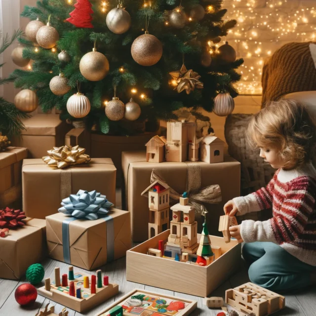 A festive Christmas setting with kids playing with Montessori gifts, including wooden building blocks and puzzles, under a beautifully decorated tree with wrapped presents. The holiday decorations, warm lights, and ornaments create a joyful atmosphere, highlighting the developmental benefits of giving Montessori gifts for kids during the Christmas season