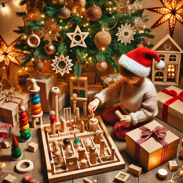 A festive holiday scene with children playing with Montessori toys, including wooden building blocks, puzzles, and shape sorters, under a beautifully decorated Christmas tree with wrapped gifts. The warm holiday lights and decorations highlight the joy of gifting Montessori toys for the holidays