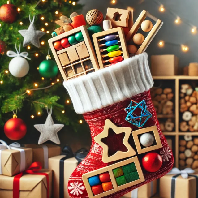 A festive Christmas stocking filled with Montessori toys, including wooden puzzles, sensory balls, and miniature building blocks, hanging near a decorated Christmas tree with wrapped gifts, lights, and ornaments. The scene highlights the joy and educational value of Montessori stocking stuffers for kids during the holiday season.