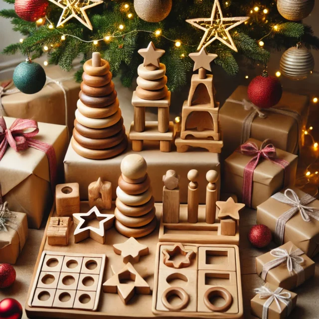 A festive holiday scene featuring eco-friendly Montessori toys, including wooden stacking blocks, shape sorters, and puzzles, under a decorated Christmas tree with wrapped presents, lights, and ornaments. The image highlights the joy of sustainable holiday gifting with natural, eco-friendly Montessori toys for children.