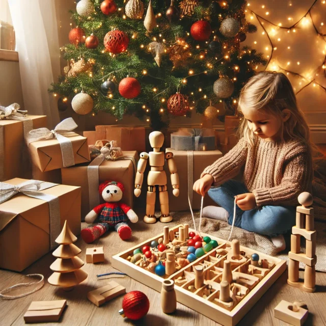 A festive holiday scene with children playing with Montessori toys such as wooden puzzles, stacking blocks, and lacing beads under a decorated Christmas tree with wrapped gifts and holiday lights. The toys emphasize fine motor skills development, making them ideal holiday gifts for kids.