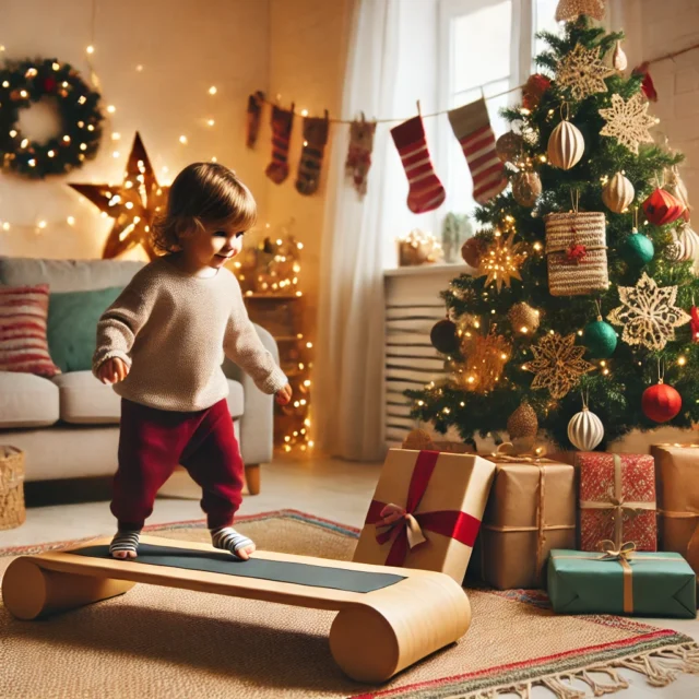 A festive holiday scene with an active toddler balancing on a Montessori balance board near a decorated Christmas tree with wrapped gifts. The cozy living room is filled with holiday lights and decorations, highlighting the balance board as a perfect holiday gift for active toddlers.