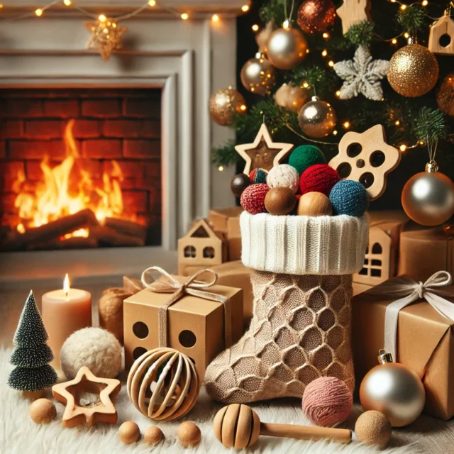 A cozy Christmas scene featuring Montessori sensory toys such as sensory balls, wooden rattles, and textured fabric squares displayed as stocking stuffers near a decorated Christmas tree. The scene includes a festive fireplace with stockings, holiday lights, ornaments, and wrapped gifts, highlighting Montessori sensory toys as perfect stocking stuffers for toddler development.