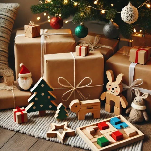 A cozy holiday scene featuring Montessori puzzles, including wooden animal puzzles and geometric shape puzzles, placed near a decorated Christmas tree with lights, ornaments, and wrapped gifts. The image highlights Montessori puzzles as perfect Christmas gifts for children.