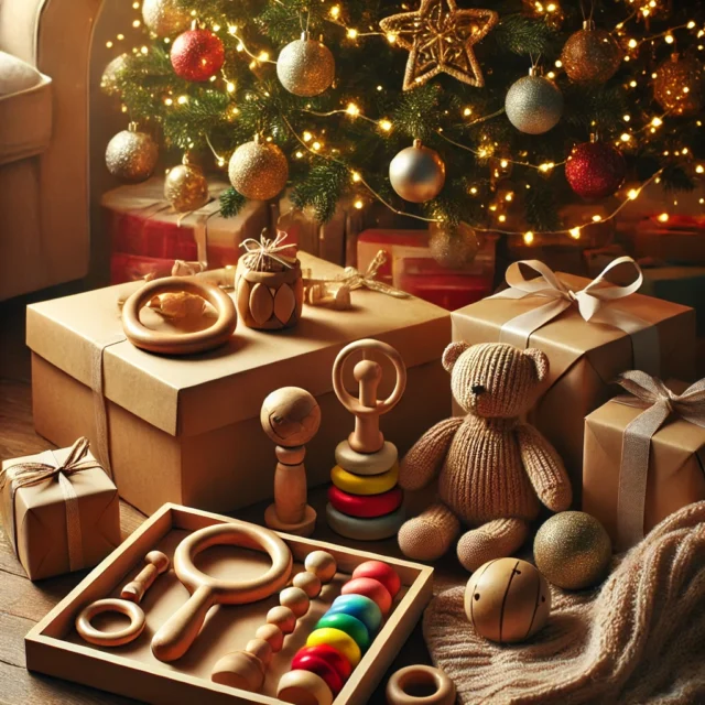 A cozy Christmas setting featuring Montessori baby toys, including wooden rattles, stacking rings, and sensory balls, placed near a decorated Christmas tree with lights, ornaments, and wrapped gifts. The scene highlights Montessori baby toys as perfect Christmas gifts for early development.