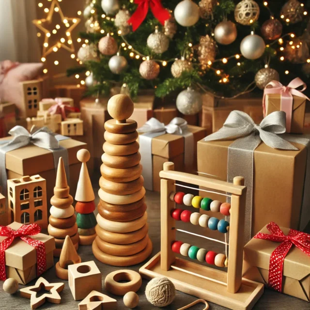 A festive holiday scene featuring Montessori toys, including wooden stacking toys, lacing beads, and shape sorters, placed near a decorated Christmas tree with lights, ornaments, and wrapped gifts. The cozy holiday setting highlights Montessori toys as perfect Christmas gifts for developing fine motor skills in toddlers.