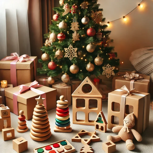 A festive Christmas scene featuring Montessori toddler toys, including wooden stacking toys, shape sorters, and puzzles, placed near a decorated Christmas tree with lights, ornaments, and wrapped gifts. The cozy holiday setting highlights Montessori toddler toys as perfect Christmas gifts to support learning and growth.