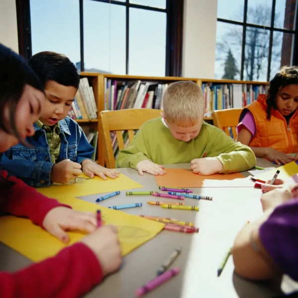 In a calm, Montessori-inspired library setting, a group of preschoolers is seated at individual tables, each focused on coloring bright construction paper with Crayola crayons. The children hold their crayons with small, careful grips, demonstrating the development of fine motor skills and hand-eye coordination. This hands-on activity supports finger dexterity and control over small muscle movements, essential for future tasks like writing and drawing. The independent nature of their work reflects a key principle of Montessori education—encouraging autonomy and concentration as each child creates their own unique artwork. This scene highlights how Montessori activities like coloring promote motor skills development, creativity, and independence in early childhood.